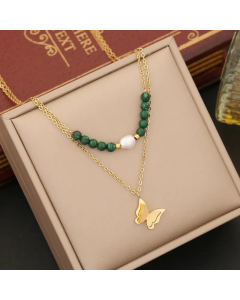 Retro Tree Heart Shape Eye Stainless Steel Malachite Inlay Artificial Diamond Pearl Layered Necklaces