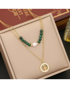 Retro Tree Heart Shape Eye Stainless Steel Malachite Inlay Artificial Diamond Pearl Layered Necklaces