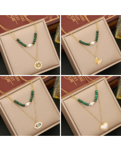 Retro Tree Heart Shape Eye Stainless Steel Malachite Inlay Artificial Diamond Pearl Layered Necklaces_colorza_4