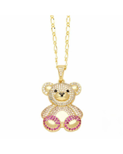 Pink Little Bear Stainless Steel Copper Plating Inlay Zircon 18K Gold Plated Pendant Necklace