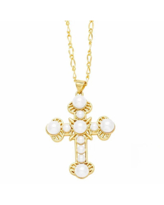 Elegant Cross Stainless Steel Copper Plating Inlay Pearl 18K Gold Plated Pendant Necklace