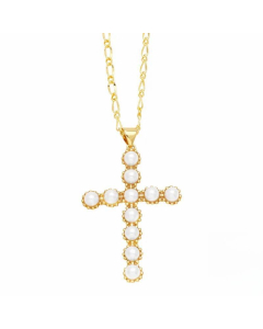 Elegant Cross Stainless Steel Copper Plating Inlay Pearl 18K Gold Plated Pendant Necklace