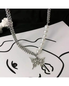 Hip-Hop Butterfly Artificial Pearl Titanium Steel Plating Pendant Necklace