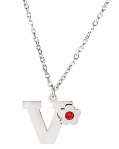 Letter V Flower Titanium Steel Polishing Inlay Zircon Pendant Necklace