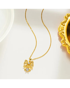 Gold Color Sweet Bow Knot Titanium Steel Inlay Zircon Pendant Necklace