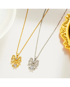 Sweet Bow Knot Titanium Steel Inlay Zircon Pendant Necklace_colorza_1