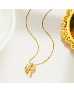 Gold Color Sweet Bow Knot Titanium Steel Inlay Zircon Pendant Necklace