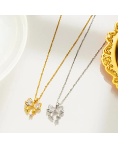 Sweet Bow Knot Titanium Steel Inlay Zircon Pendant Necklace