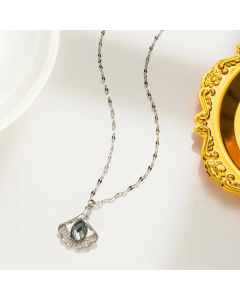 Steel Color Ginkgo Leaf Titanium Steel Inlay Artificial Crystal Rhinestones Pendant Necklace