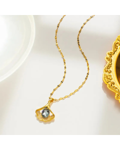 Gold Color Ginkgo Leaf Titanium Steel Inlay Artificial Crystal Rhinestones Pendant Necklace