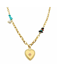 Retro Artistic Heart Shape Stainless Steel Imitation Pearl Turquoise Plating Inlay Zircon Gold Plated Pendant Necklace