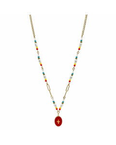 Vacation Sweet Four Leaf Clover Oval Stainless Steel Beaded Imitation Pearl Enamel Plating Gold Plated Pendant Necklace