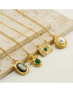 Retro Oval Eye Stainless Steel Plating Inlay Gem Pearl 18K Gold Plated Pendant Necklace Long Necklace