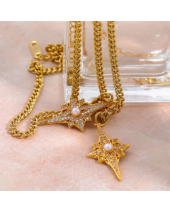 Sweet Commute Shiny Four Eight-Pointed Stars Stainless Steel Plating Inlay Zircon Gold Plated Pendant Necklace