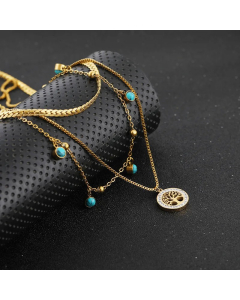 Streetwear Geometric Tree Titanium Steel Polishing Inlay Turquoise Layered Necklaces