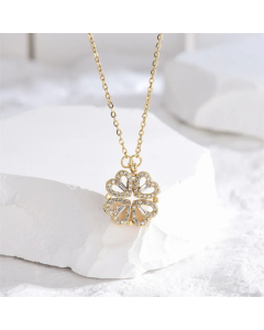Elegant Luxurious Four Leaf Clover Heart Shape Titanium Steel Polishing Plating Inlay Rhinestones 18K Gold Plated Pendant Necklace