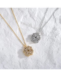 Elegant Luxurious Four Leaf Clover Heart Shape Titanium Steel Polishing Plating Inlay Rhinestones 18K Gold Plated Pendant Necklace