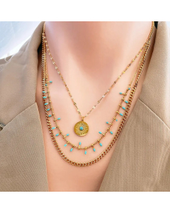 Vintage Style Exaggerated Round Titanium Steel Plating Inlay Turquoise 18K Gold Plated Layered Necklaces