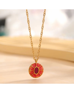 Retro Round Flower Snake Titanium Steel Enamel Plating Gold Plated Pendant Necklace