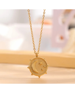 Retro Star Moon Titanium Steel Enamel Plating Inlay Natural Stone Resin Rhinestones Gold Plated Pendant Necklace