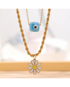 Artistic Heart Shape Eye Flower Titanium Steel Plating Inlay Resin Rhinestones Gold Plated Pendant Necklace