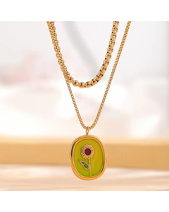 Retro Classic Style Heart Shape Eye Flower Titanium Steel Layered Plating Inlay Resin Zircon Gold Plated Layered Necklaces