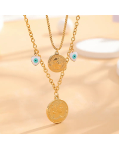 Retro Classic Style Heart Shape Eye Flower Titanium Steel Layered Plating Inlay Resin Zircon Gold Plated Layered Necklaces