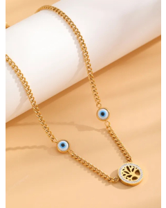 Retro Classic Style Tree Eye Titanium Steel Enamel Plating Hollow Out Rhinestones Zircon Gold Plated Necklace