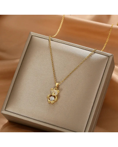 Cute Sweet Little Bear Titanium Steel Plating Inlay Zircon Pendant Necklace