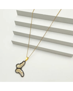 Classical Vintage Style Romantic Butterfly Stainless Steel Plating Hollow Out Inlay Zircon Gold Plated Pendant Necklace