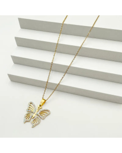 Classical Vintage Style Romantic Butterfly Stainless Steel Plating Hollow Out Inlay Zircon Gold Plated Pendant Necklace