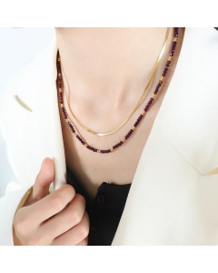 Elegant Color Block Glass Titanium Steel Plating 18K Gold Plated Layered Necklaces