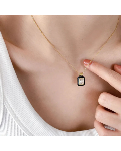 IG Style Square Titanium Steel Enamel Inlay Zircon Pendant Necklace