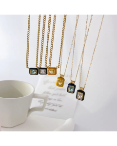 IG Style Square Titanium Steel Enamel Inlay Zircon Pendant Necklace