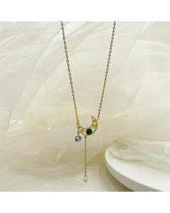 Casual Elegant Sweet Moon Stainless Steel Plating Hollow Out Inlay Turquoise Zircon Gold Plated Necklace