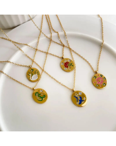 Simple Style Swan Dolphin Rose Titanium Steel Enamel Inlay Zircon Pendant Necklace_colorza_4