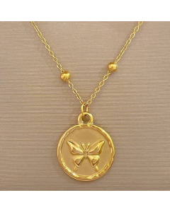 Gold Color French Style Round Butterfly Pendant Stainless Steel Necklace