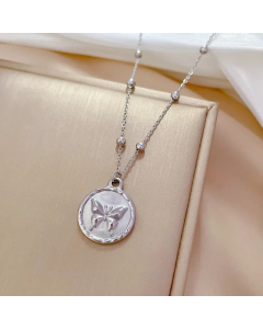 Steel Color French Style Round Butterfly Pendant Stainless Steel Necklace