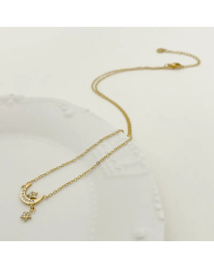 Gold Color Sweet Artistic Star Moon Stainless Steel Polishing Plating Inlay Rhinestones Gold Plated Pendant Necklace
