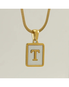 Letter T Stainless Steel Plating Inlay Shell 18K Gold Plated Pendant Necklace