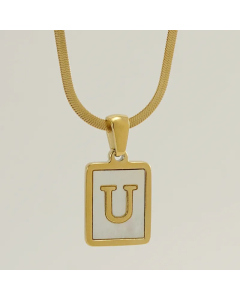 Letter U Stainless Steel Plating Inlay Shell 18K Gold Plated Pendant Necklace