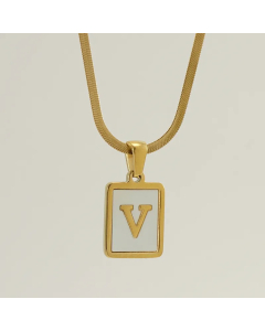 Letter V Stainless Steel Plating Inlay Shell 18K Gold Plated Pendant Necklace