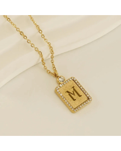 Letter M Stainless Steel Plating Inlay Artificial Diamond 18K Gold Plated Pendant Necklace