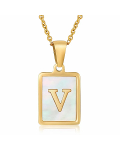 Letter V Stainless Steel Plating Inlay Shell 18K Gold Plated Pendant Necklace