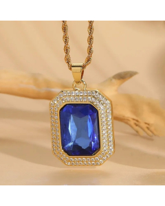 Blue Zirconium Square Titanium Steel Copper Irregular Plating Inlay Zircon 14K Gold Plated Pendant Necklace