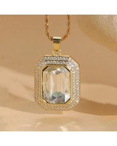 White Square Titanium Steel Copper Irregular Plating Inlay Zircon 14K Gold Plated Pendant Necklace