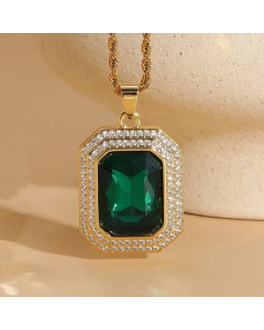 Green Transparent Gray Square Titanium Steel Copper Irregular Plating Inlay Zircon 14K Gold Plated Pendant Necklace