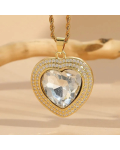 White Zircon Heart Shape Titanium Steel Copper 14K Gold Plated Pendant Necklace
