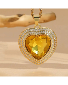 Yellow Zircon Heart Shape Titanium Steel Copper 14K Gold Plated Pendant Necklace