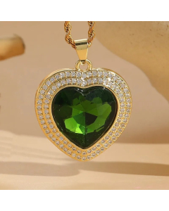 Green Zircon Heart Shape Titanium Steel Copper 14K Gold Plated Pendant Necklace